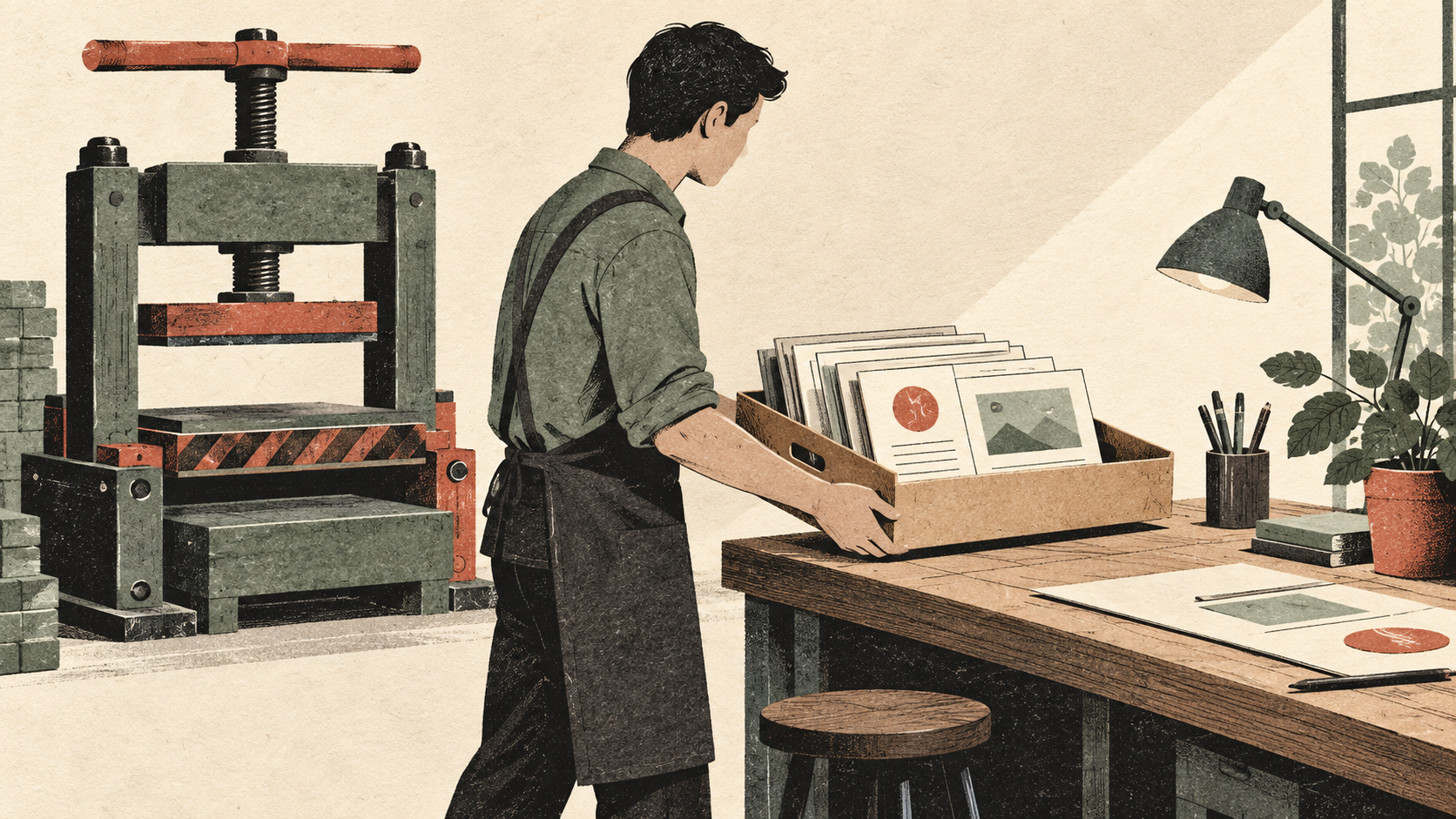 A temporary package travels in an uncompressed tray beside an idle press.