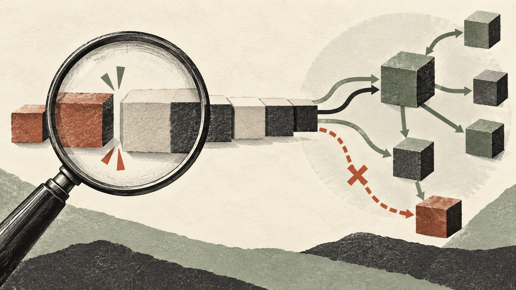 A magnifying lens distinguishes a whole token from a longer name in a dependency graph.